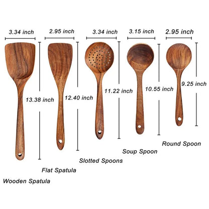 Set d'Ustensiles Cuisine Bois  – Durable & Écologique. Ensemble 7 pièces en teck: spatules, cuillères, louche et écumoire.
