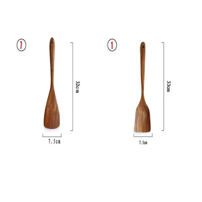 Set d'Ustensiles Cuisine Bois Teck – Durable & Écologique. Deux spatules teck 32 et 33 cm, largeur 7,5 cm, poignée percée