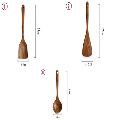 Set d'Ustensiles Cuisine Bois Teck – Durable & Écologique. Trois ustensiles en teck: 2 spatules et 1 cuillère