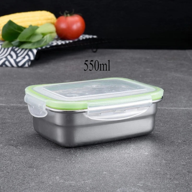Boîte de Conservation Inox 304 – Étanche & Durable 350-850 ml. Boîte en inox avec couvercle transparent et joint vert 550 ml