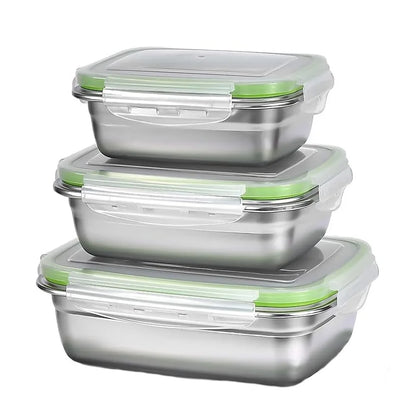 Boîte de Conservation Inox 304 – Étanche & Durable 350-850 ml. Set 3 boîtes empilables en inox avec couvercles hermétiques verts