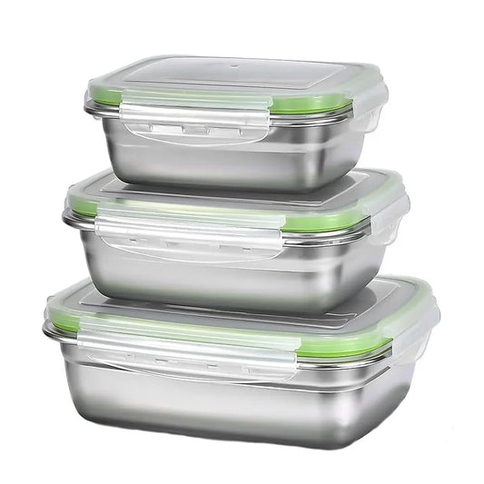 Boîte de Conservation Inox 304 – Étanche & Durable 350-850 ml. Set 3 boîtes empilables en inox avec couvercles hermétiques verts