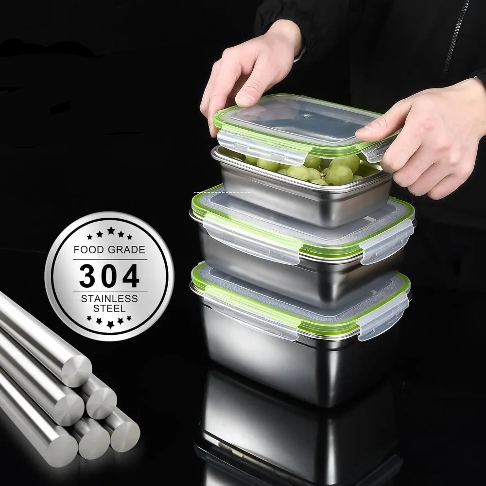 Boîte de Conservation Inox 304 – Étanche & Durable 350-850 ml. Empilables inox avec couvercles verts, mains ouvrant le dessus