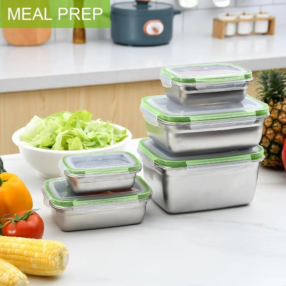 Boîte de Conservation Inox 304 – Étanche & Durable 350-850 ml. Ensemble de 5 boîtes inox empilées avec couvercles verts pour repas