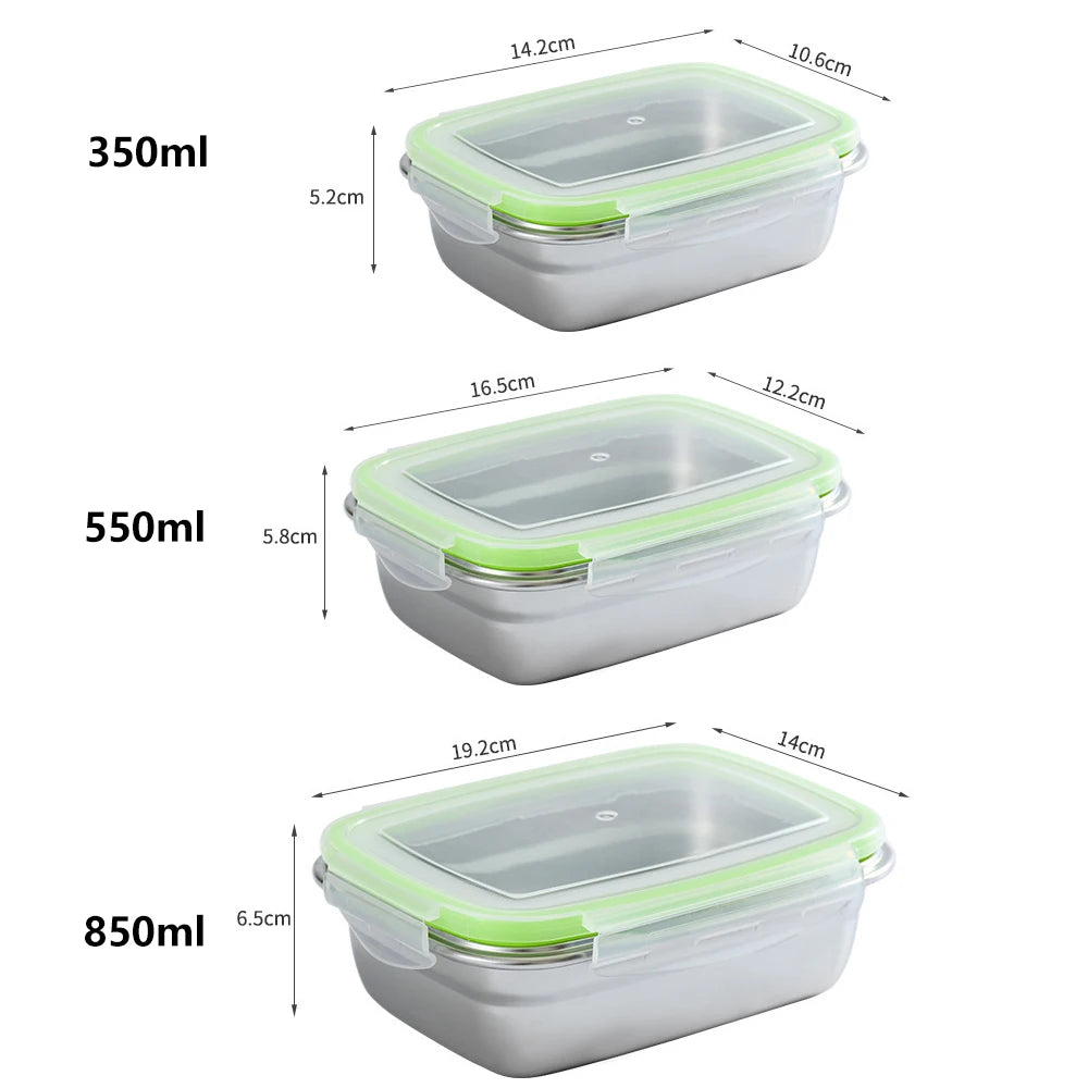 Boîte de Conservation Inox 304 – Étanche & Durable 350-850 ml. Trois boîtes rectangulaires inox avec couvercles verts hermétiques