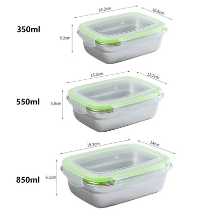 Boîte de Conservation Inox 304 – Étanche & Durable 350-850 ml. Trois boîtes rectangulaires inox avec couvercles verts hermétiques