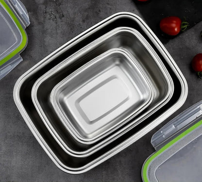 Boîte de Conservation Inox 304 – Étanche & Durable 350-850 ml. Jeux de boîtes inox emboîtables vues de dessus avec couvercles