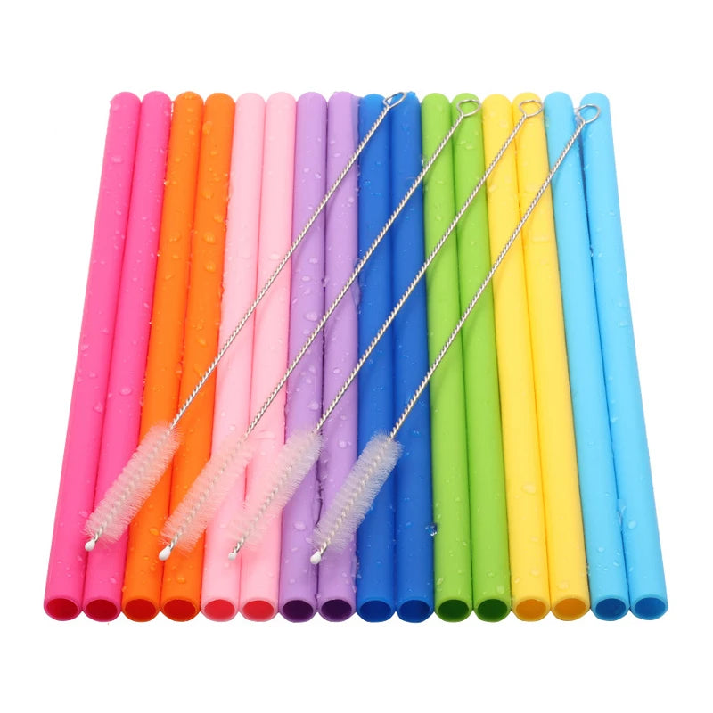 Pailles Réutilisables en Silicone – Lot de 2 avec Brosse. Ensemble multicolore de pailles épaisses et brosse de nettoyage