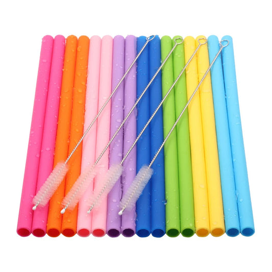 Pailles Réutilisables en Silicone – Lot de 2 avec Brosse. Ensemble multicolore de pailles épaisses et brosse de nettoyage
