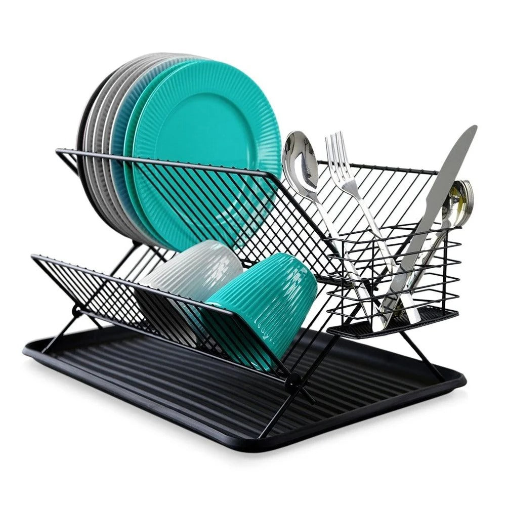 Égouttoir à Vaisselle 2 Niveaux Noir – 45 cm avec assiettes turquoise et couverts en acier inoxydable