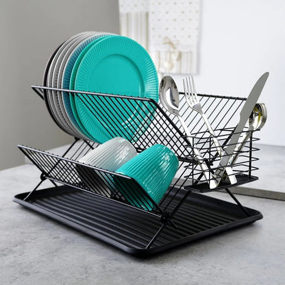Égouttoir à Vaisselle 2 Niveaux Noir – 45 cm avec assiettes et couverts en acier inoxydable