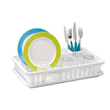 Égouttoir à Vaisselle en Plastique Sans BPA – 49 cm avec assiettes colorées et verres en verre