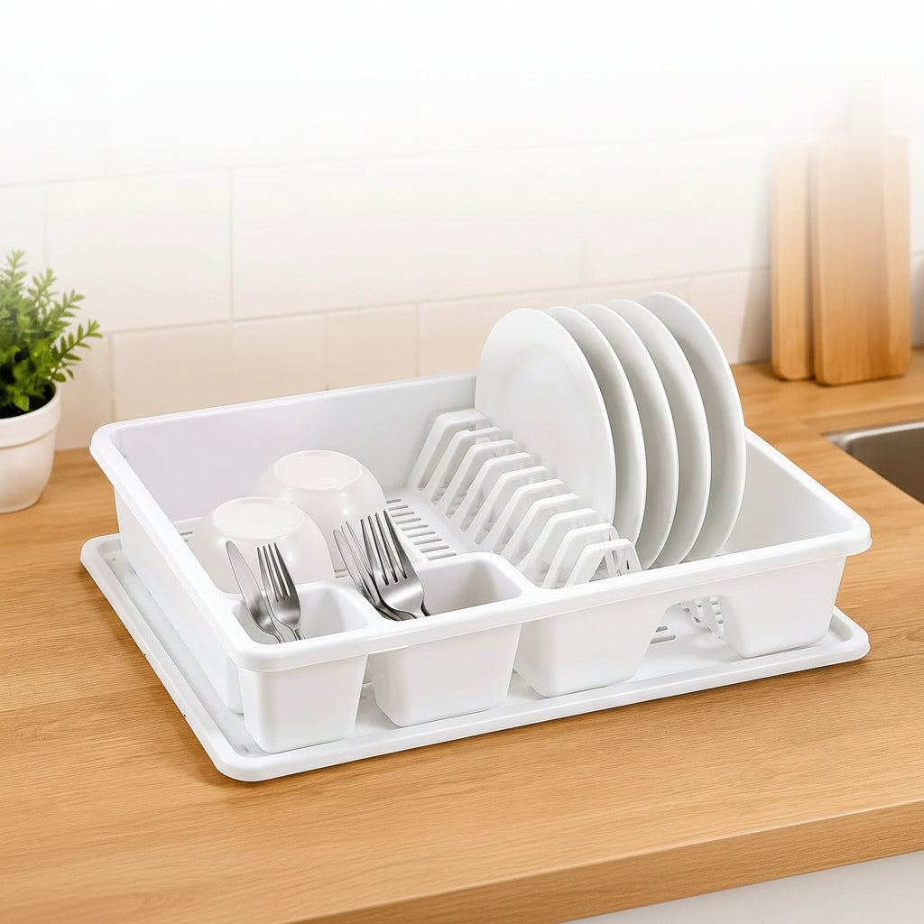 Égouttoir à Vaisselle en Plastique Sans BPA –  avec compartiments pour assiettes et couverts