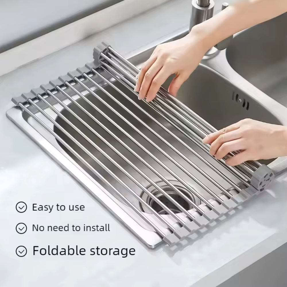 Égouttoir à Vaisselle Extensible Inox en acier inoxydable, pliable et facile à utiliser au-dessus de l'évier.