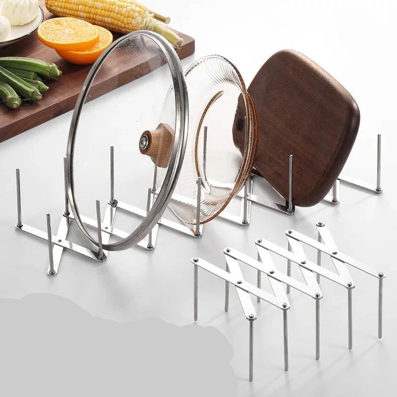 Égouttoir Vaisselle Inox Extensible – Gain de Place 3-en-1 avec supports pour assiettes et couvercles en inox.