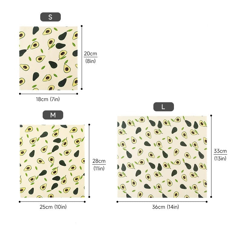 Emballages en Cire d'Abeille Réutilisables – Lot de 3 de différentes tailles avec motifs d'avocat
