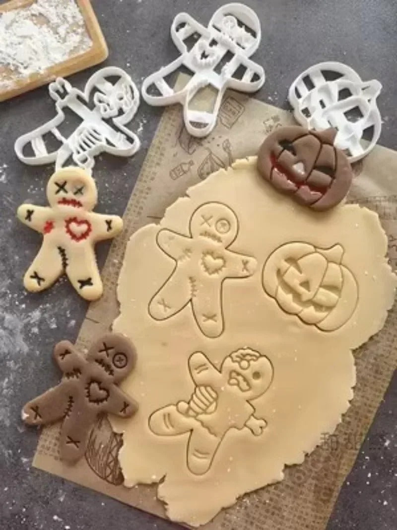 Emporte-Pièce Bonhomme en Pain d’Épices – 7 Modèles avec biscuits décorés sur une pâte à biscuits