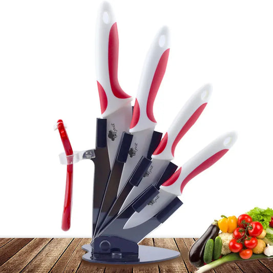 Ensemble de Couteaux de Cuisine en céramique avec support, incluant plusieurs tailles pour divers usages culinaires