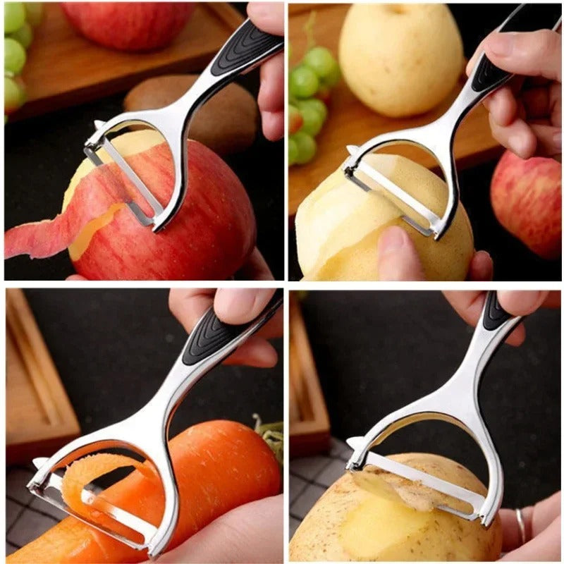 Éplucheur multifonction cuisine pour éplucher et trancher légumes et fruits en action sur une pomme et une carotte