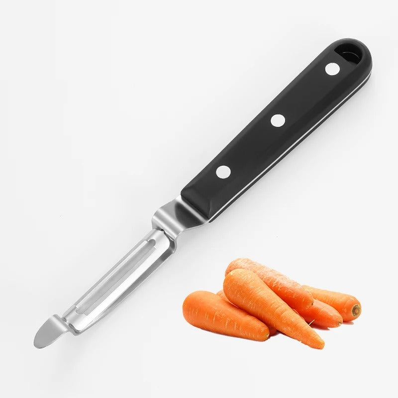Éplucheur pivotant inox pour fruits et légumes avec un manche noir, idéal pour peler les carottes