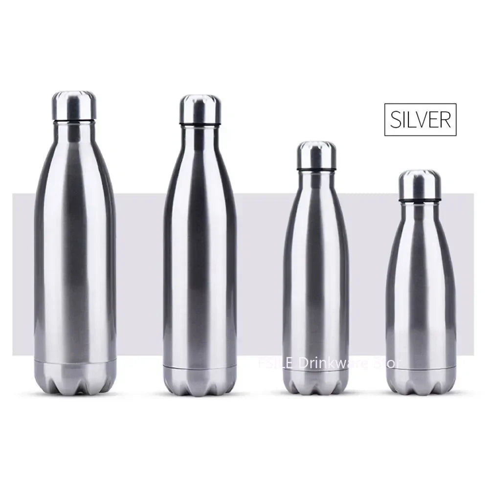 Bouteille Isotherme Inox – Gourde Sport Thermos Étanche en acier argenté quatre tailles pour boissons chaudes et froides