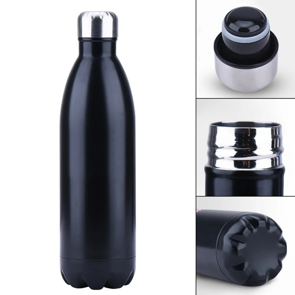 Bouteille Isotherme Inox – Gourde Sport Thermos Étanche noire en acier inox double paroi avec bouchon argent