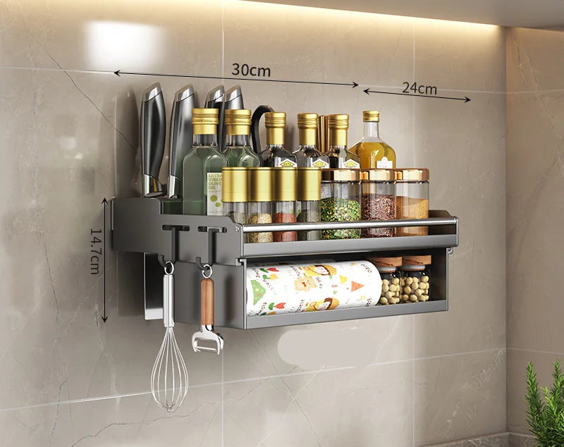 Étagère Murale Cuisine Multifonction – 30 ou 40 cm avec rangements pour ustensiles et épices