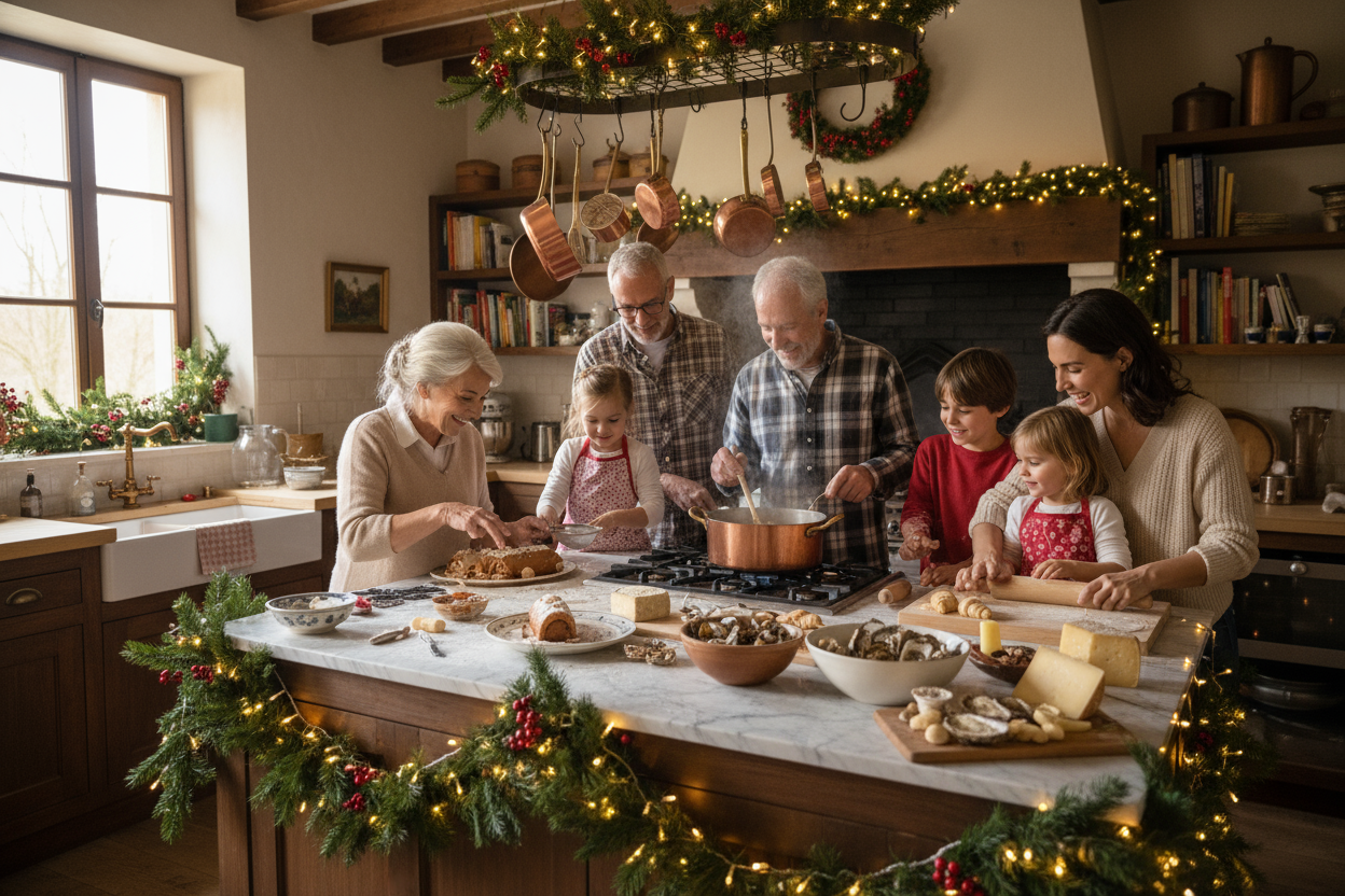 famille qui cuisine pour Noêl