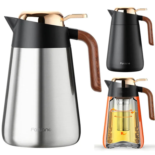 Bouilloire Isotherme Inox 316 – Chaud ou Froid 24h, élégante avec un design moderne et poignée en bois