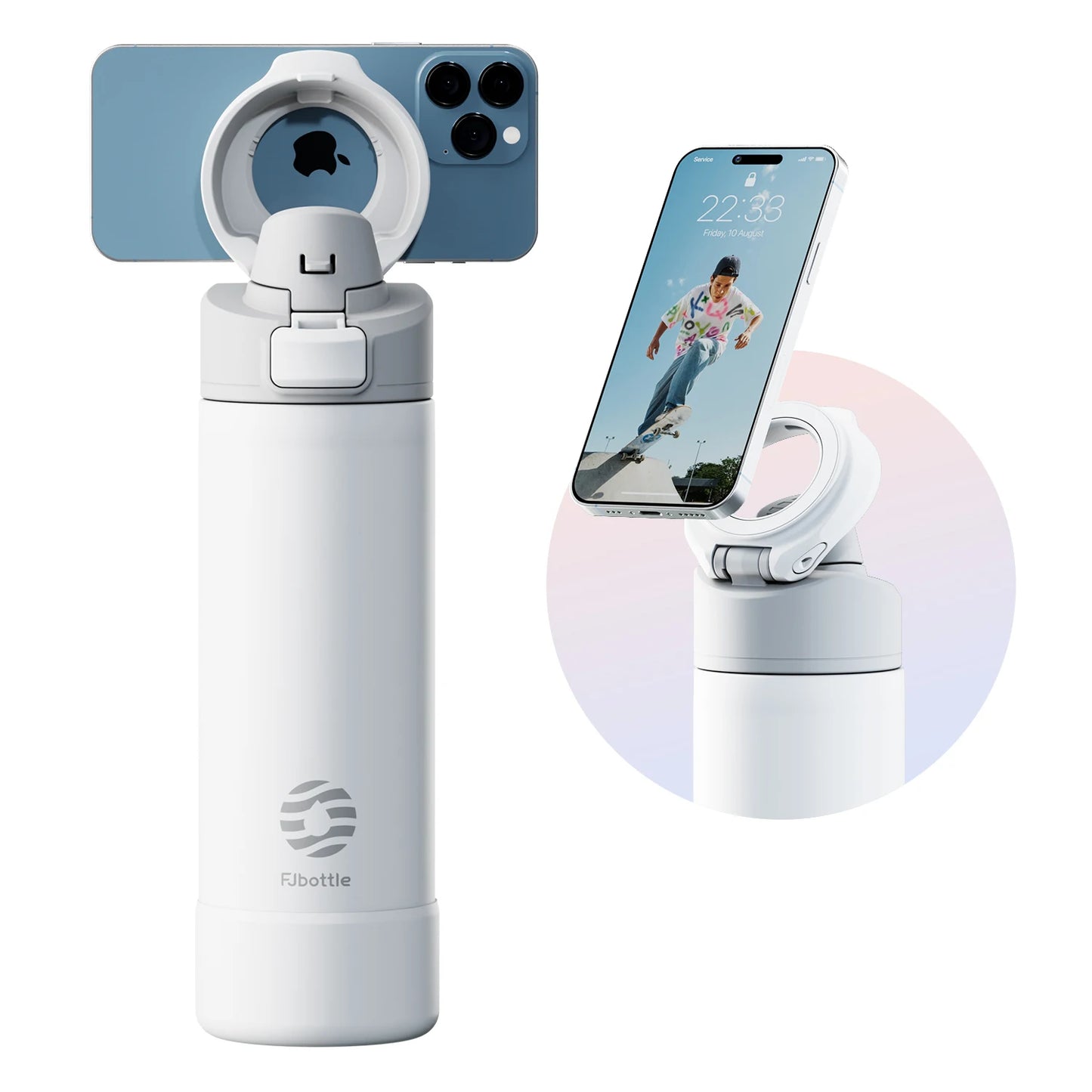 Thermos FEIJIAN 710/950ml –  Inox avec support téléphone. Thermos inox blanc avec support pour smartphone positionnable