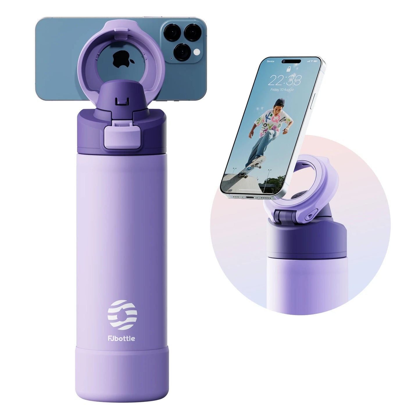 Thermos FEIJIAN 710/950ml –  Inox avec support téléphone. Bouteille isotherme violette en inox avec capuchon porte smartphone