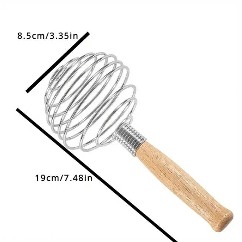 Fouet à Ressort en Inox avec Manche en Bois – Fouet Manuel pour Sauces, Café, Œufs et Pâtisserie, avec dimensions indiquées