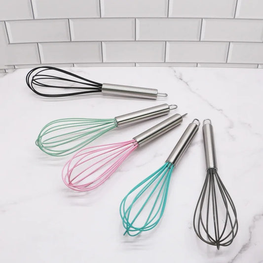 Set de fouets de cuisine en silicone manche inox 25 cm de couleurs variées pour préparer vos recettes