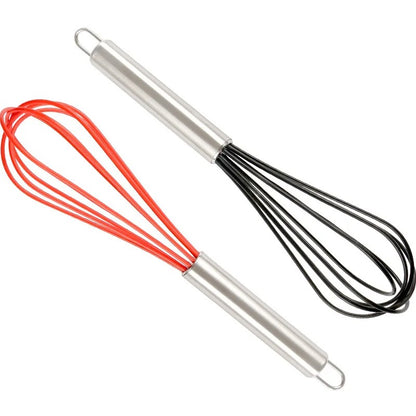 Fouet de cuisine en silicone manche inox 25 cm, rouge et noir, parfait pour mélanger et fouetter facilement.