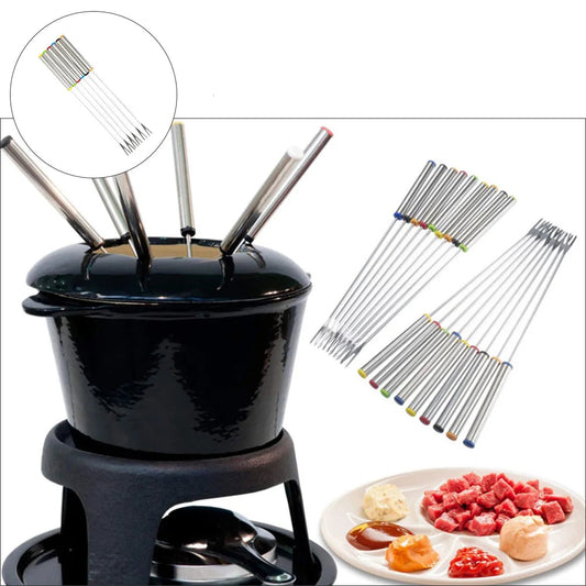 Ensemble de fourchettes à fondue & fruits en acier inoxydable avec porte-fourchettes et ingrédients savoureux