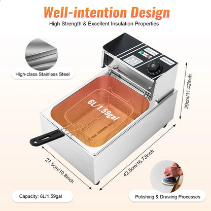 Friteuse électrique inox 6L 2500W avec panier et commandes pour une cuisson rapide et efficace