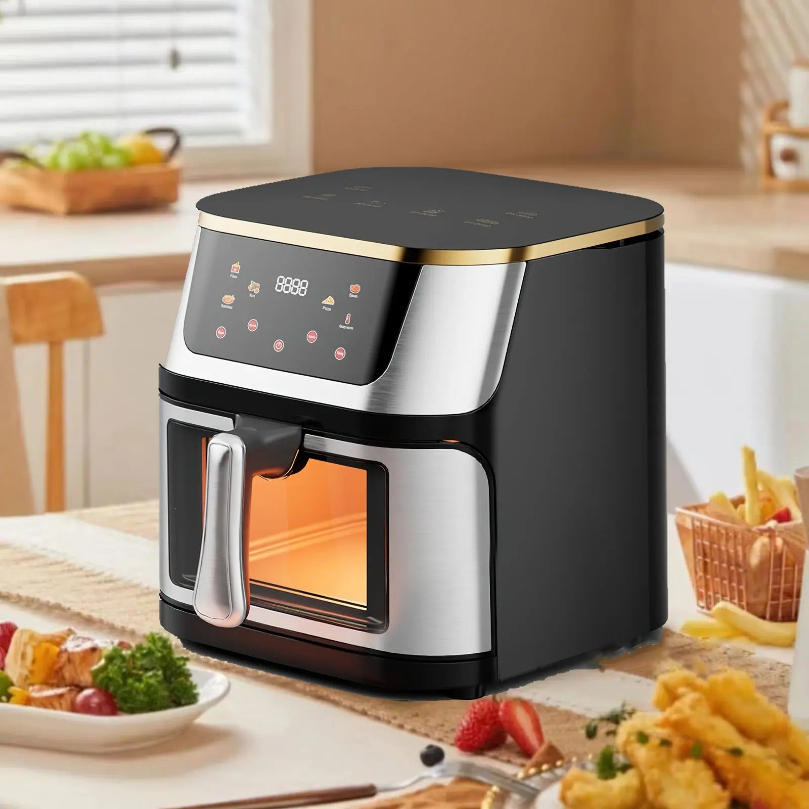 Friteuse sans huile 8L – Cuisine saine et croustillante sur une table avec des plats préparés