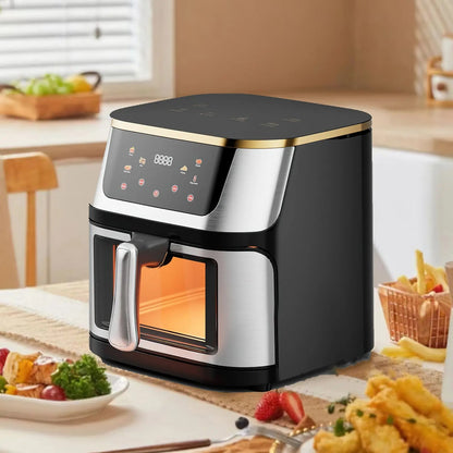Friteuse sans huile 8L – Cuisine saine et croustillante sur une table avec des plats préparés
