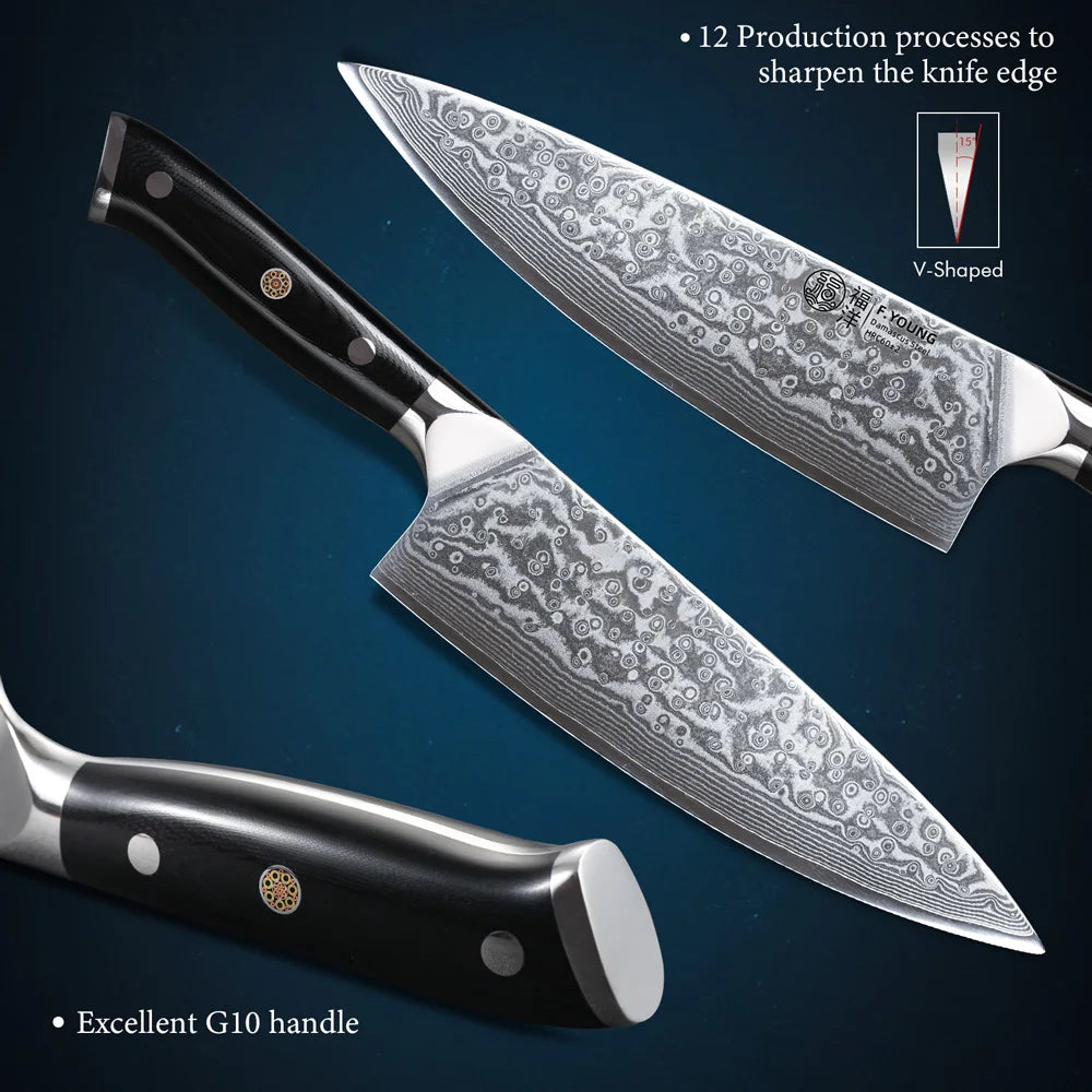 Couteau de Chef Japonais F.YOUNG avec lame damassée et manche G10 pour une coupe précise