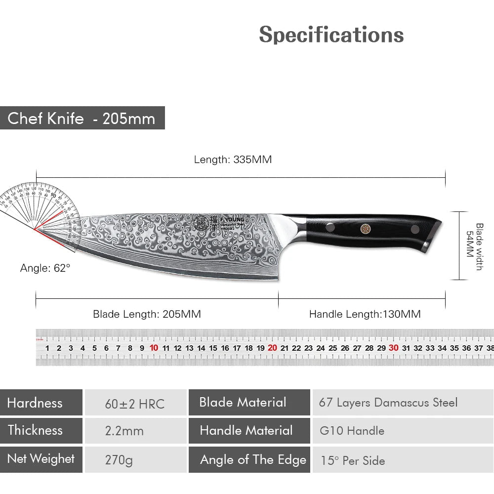 Couteau de Chef Japonais F.YOUNG lame en acier damas 67 couches manche G10 durable et ergonomique
