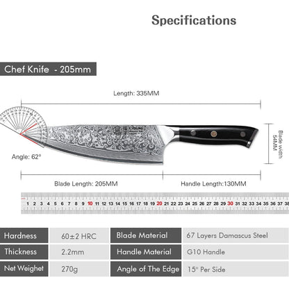 Couteau de Chef Japonais F.YOUNG lame en acier damas 67 couches manche G10 durable et ergonomique
