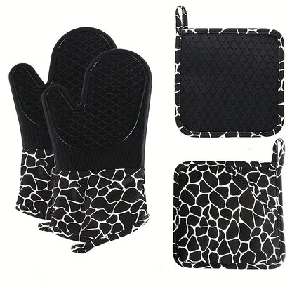 Gant de Cuisine Résistant Chaleur – Coton et Silicone noir avec motif animal et maniques assorties