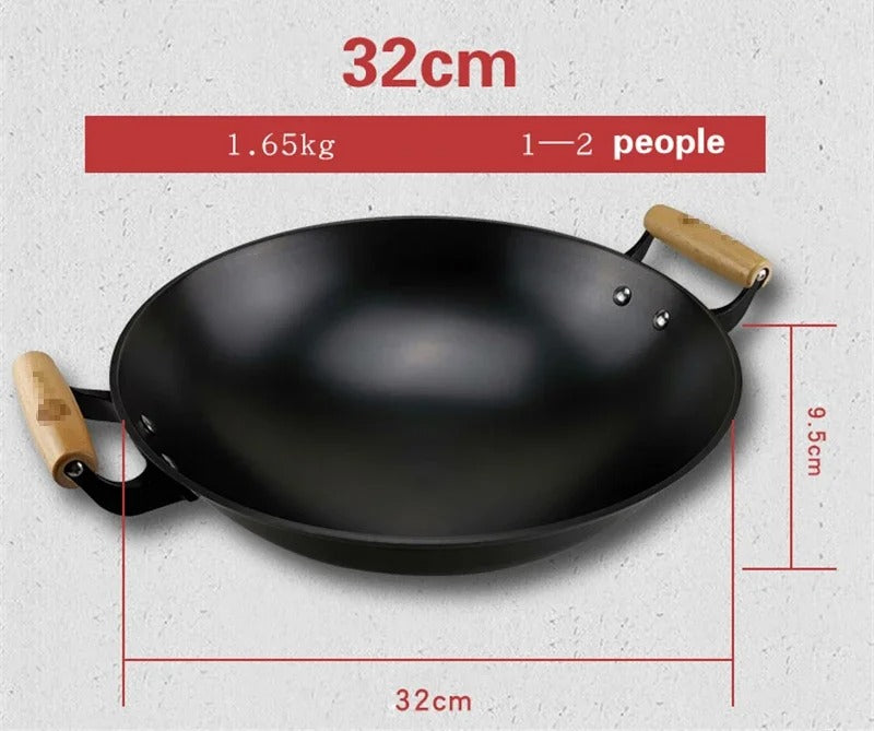 Grand Wok en Fonte 32 ou 36 cm Compatible Gaz et Induction avec poignées en bois pour une cuisine pratique
