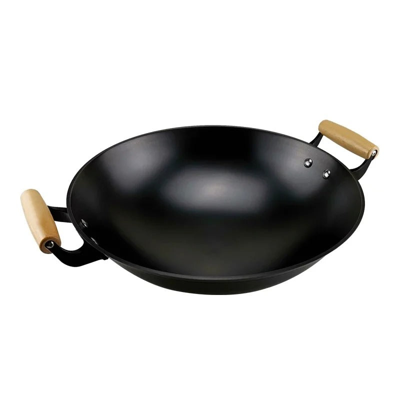 Grand Wok en Fonte 32 ou 36 cm Compatible Gaz et Induction avec poignées en bois ergonomiques