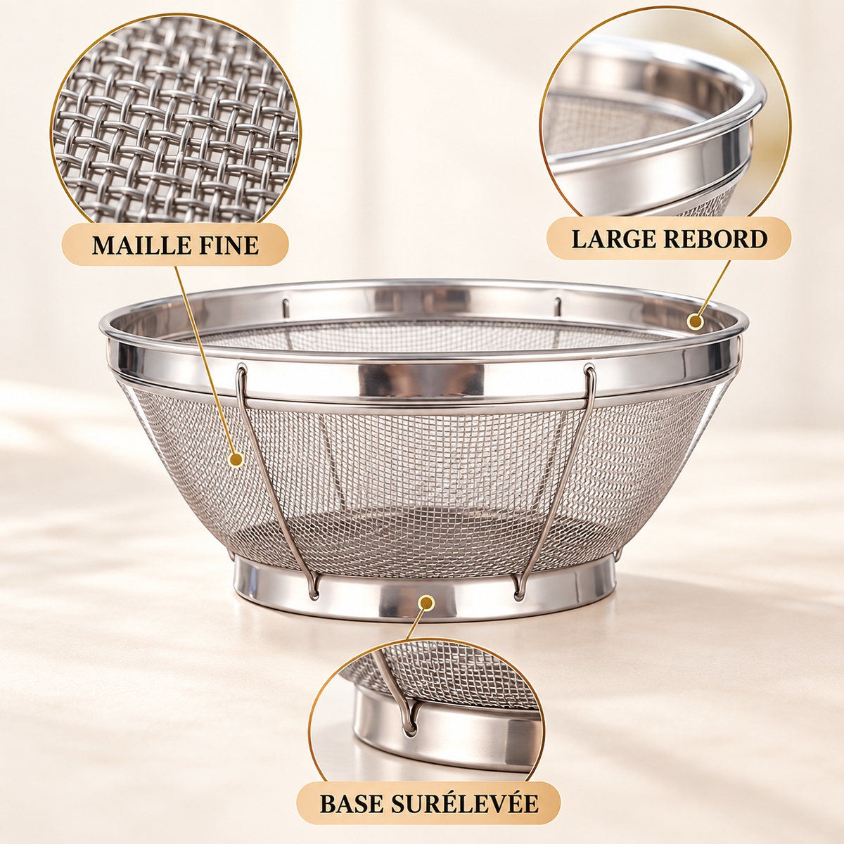 Grande passoire inox à maille fine 31 cm – Grand format surélevé avec large rebord pour un égouttage efficace