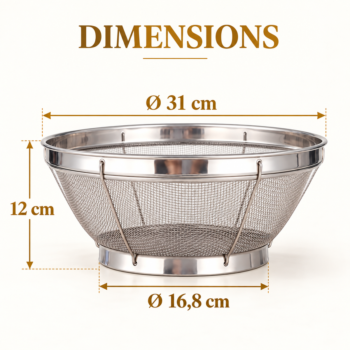 Grande passoire inox à maille fine 31 cm – Grand format surélevé avec des dimensions claires