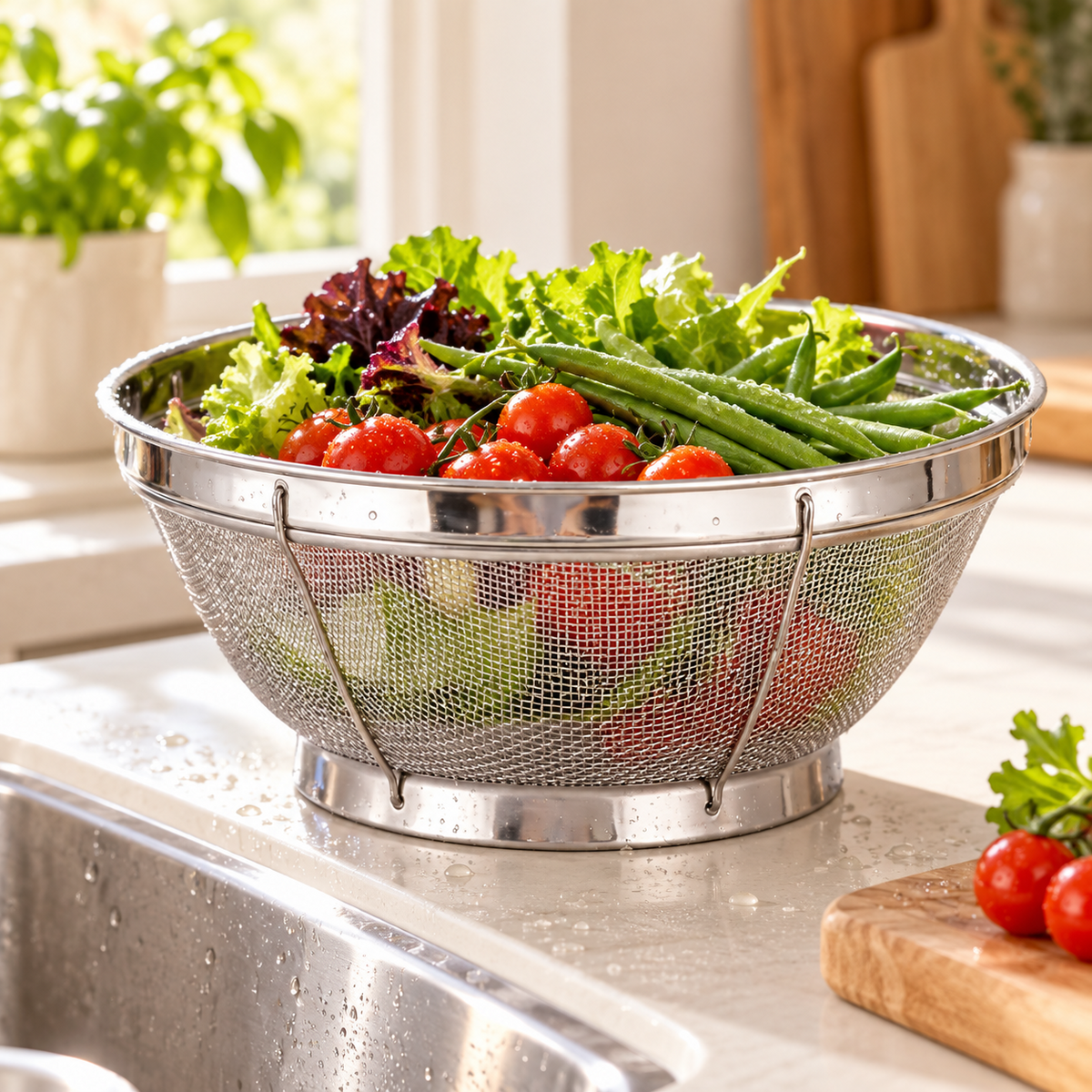 Grande passoire inox à maille fine 31 cm – Grand format surélevé avec légumes frais dans une cuisine moderne