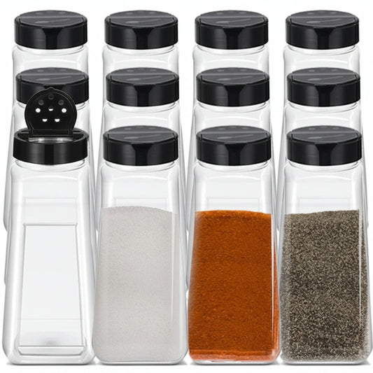 Grands Pots à Épices 900 ml – Lot de 5 en plastique transparent avec couvercles noirs pour le rangement des épices
