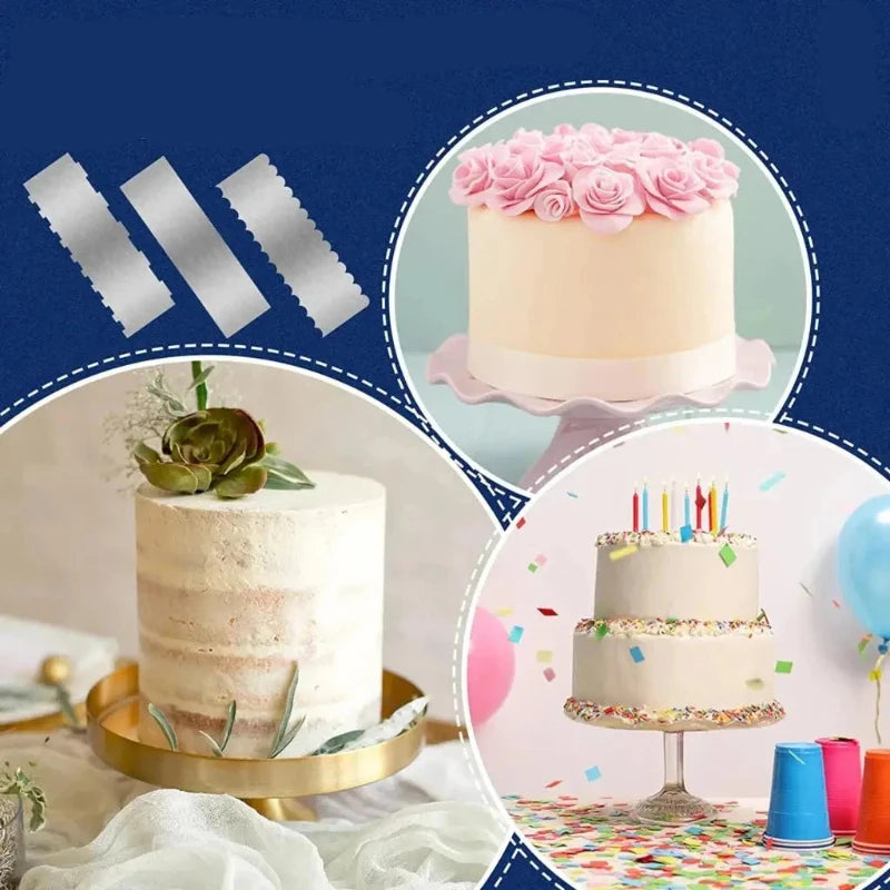 Grattoir à Gâteau en Inox pour Décoration avec différents styles de gâteaux et décorations colorées