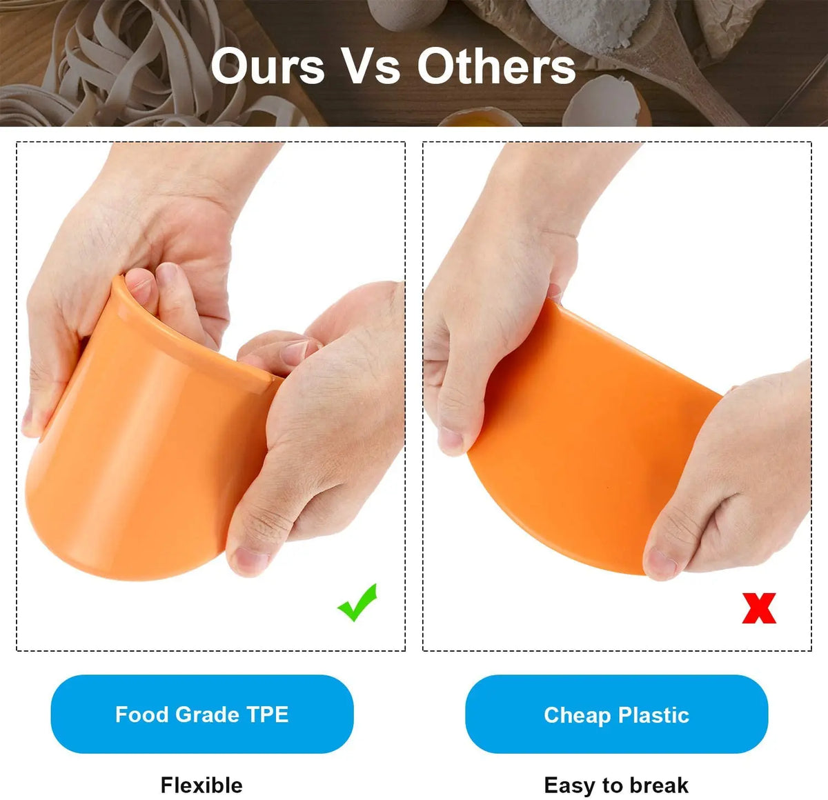 Grattoir à Pâte Flexible – Pour Bols et Préparations, en TPE de qualité alimentaire, illustrant sa flexibilité et sa durabilité.